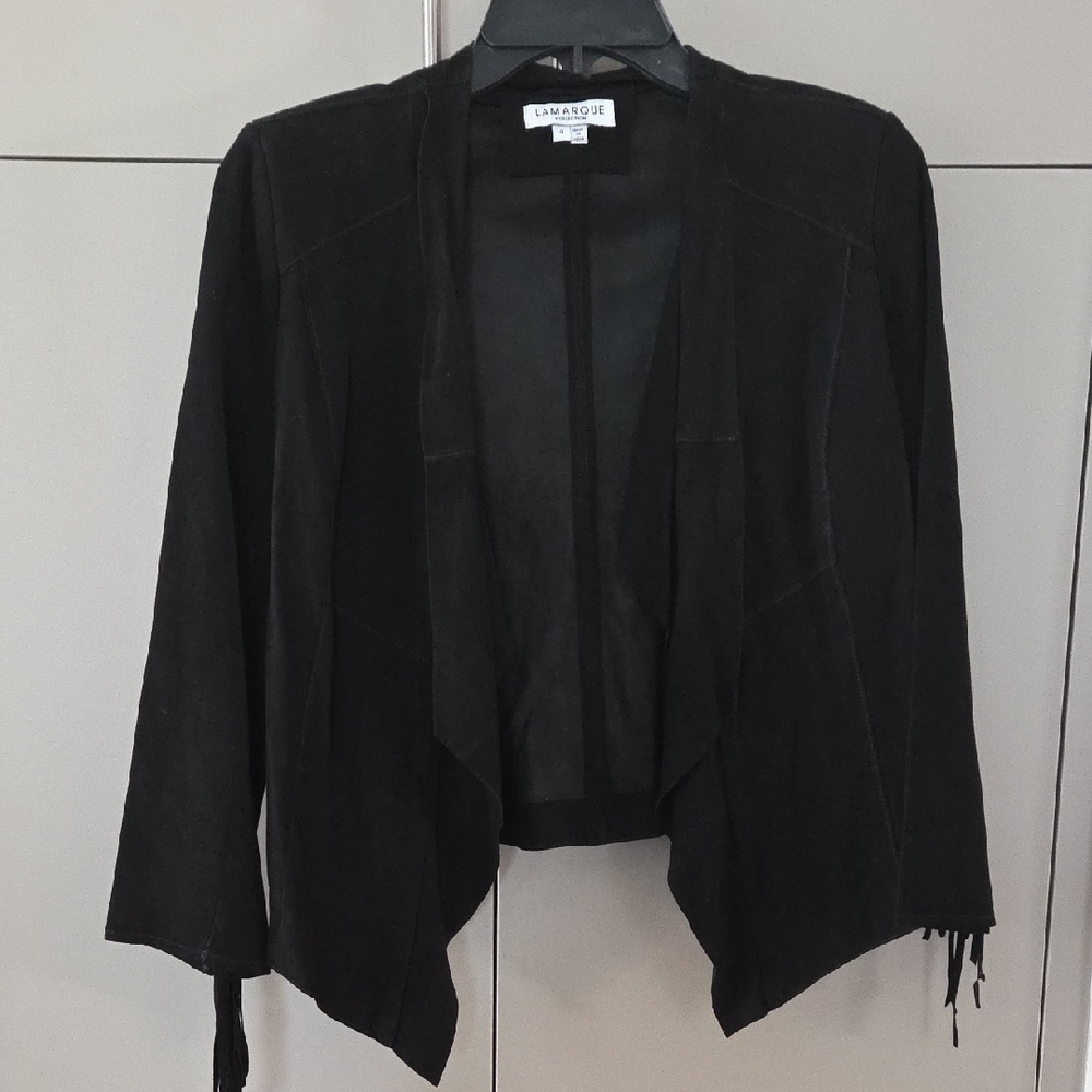 Lamarque Women's Black Suede Draped Fringed Jacket